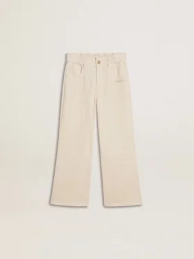 Pantalones anchos de niñas en color crema con costuras acanaladas y bordados