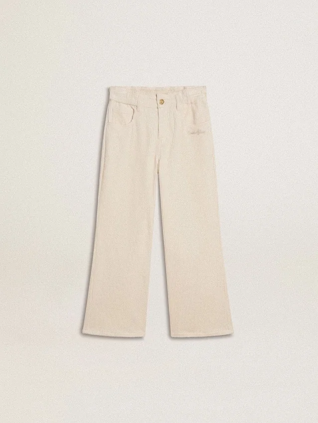 Pantalones anchos de niñas en color crema con costuras acanaladas y bordados