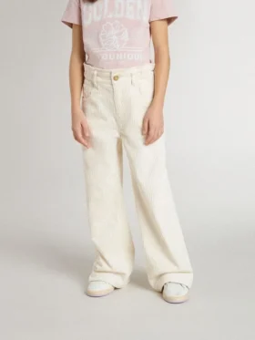 Pantalones anchos de niñas en color crema con costuras acanaladas y bordados