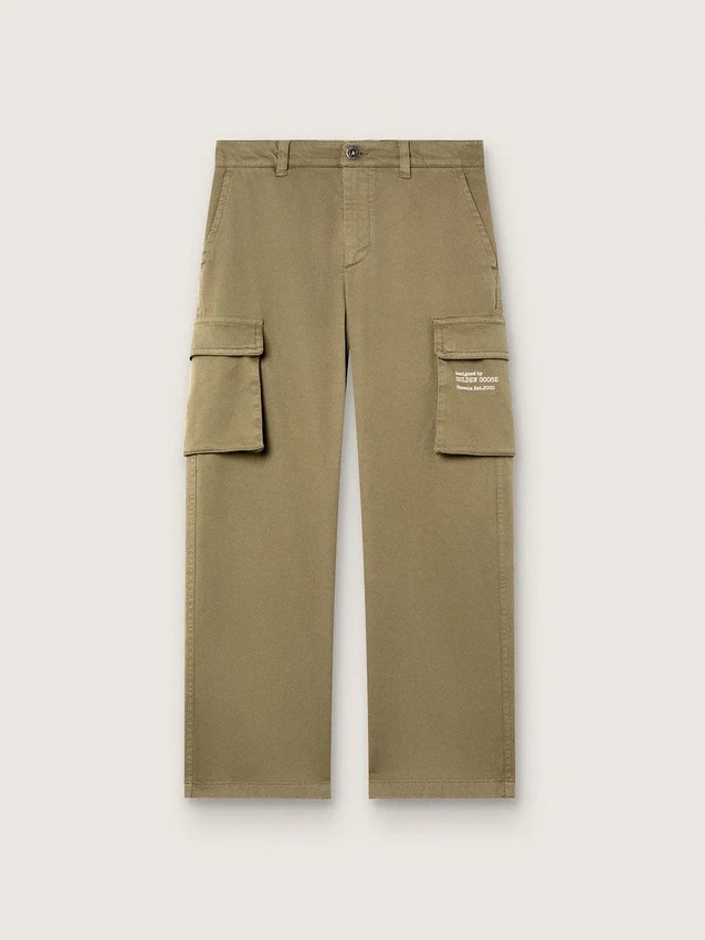 Pantalones cargo para niños de la colección Journey en gabardina de algodón verde militar con estampado