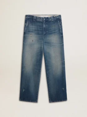 Pantalones chinos de mezclilla para hombre con detalles desgastados
