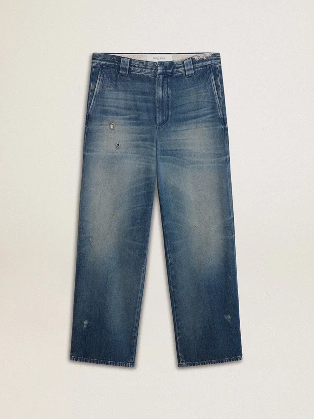 Pantalones chinos de mezclilla para hombre con detalles desgastados
