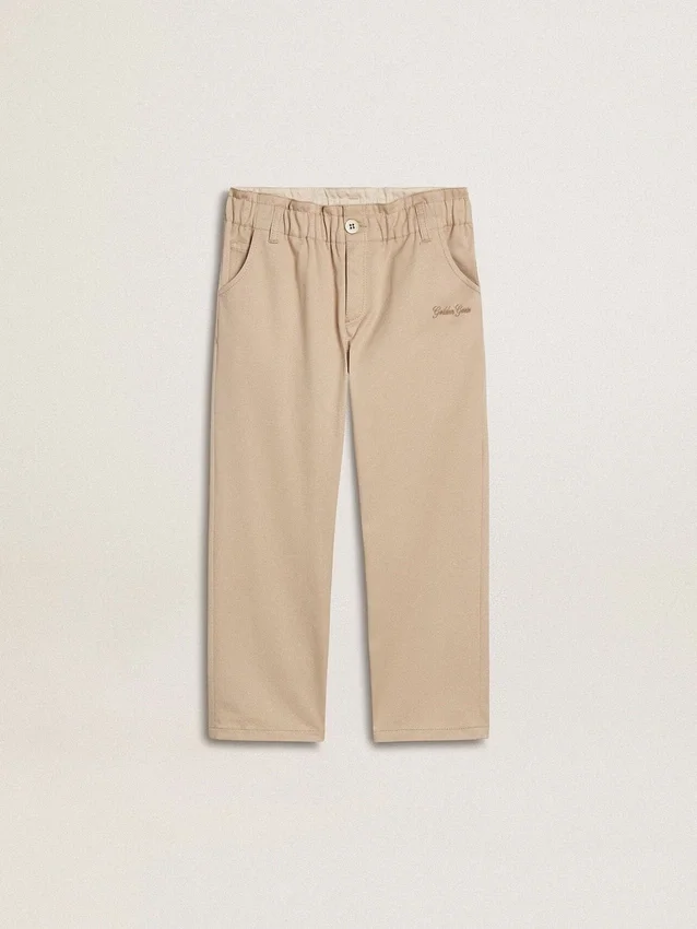 Pantalones de algodón beige para niñas con bordado