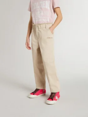 Pantalones de algodón beige para niñas con bordado