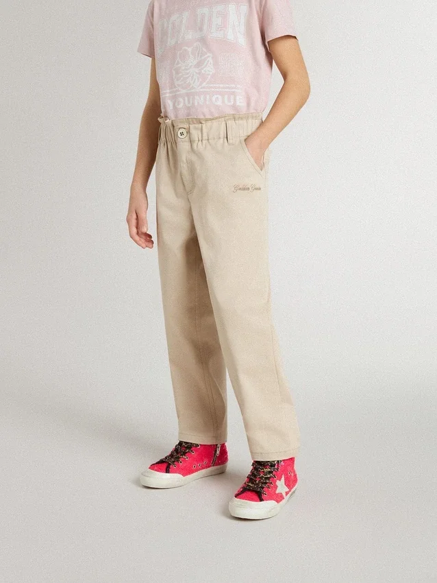 Pantalones de algodón beige para niñas con bordado