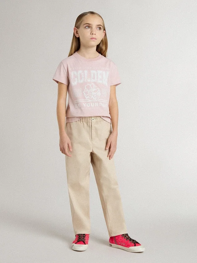 Pantalones de algodón beige para niñas con bordado