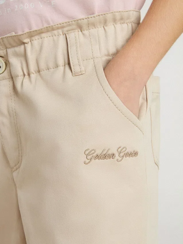 Pantalones de algodón beige para niñas con bordado