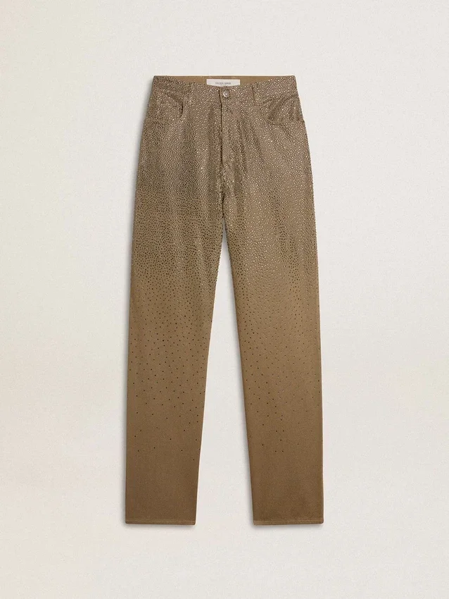 Pantalones de algodón color caqui para mujer con efecto degradado de Swarovski