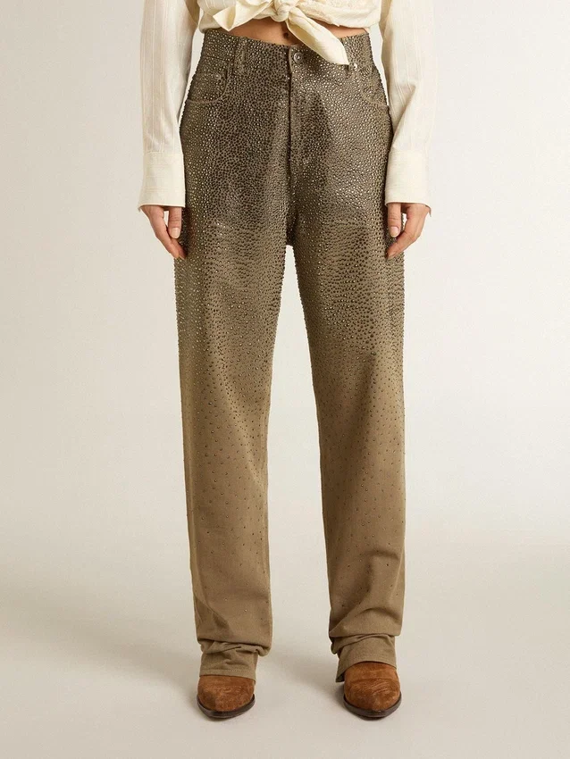 Pantalones de algodón color caqui para mujer con efecto degradado de Swarovski