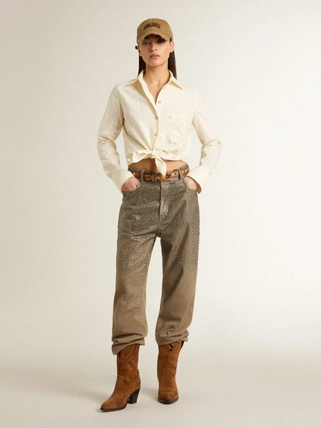 Pantalones de algodón color caqui para mujer con efecto degradado de Swarovski