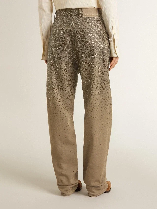 Pantalones de algodón color caqui para mujer con efecto degradado de Swarovski