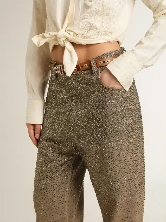 Pantalones de algodón color caqui para mujer con efecto degradado de Swarovski