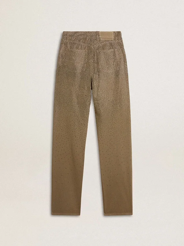 Pantalones de algodón color caqui para mujer con efecto degradado de Swarovski