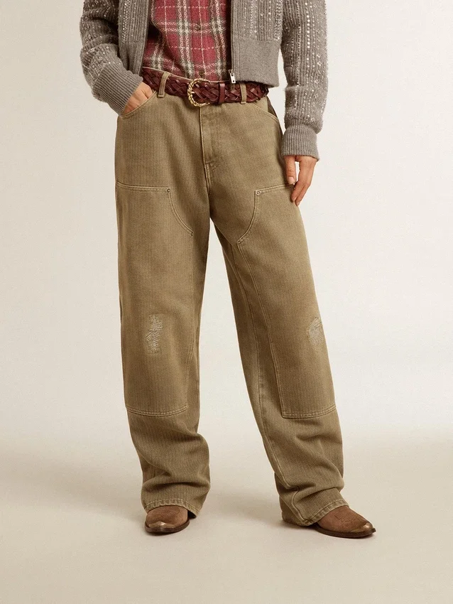 Pantalones de algodón con efecto desgastado para mujer