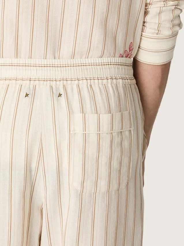 Pantalones de chándal unisex de algodón y lino a rayas en tonos crudo y arena