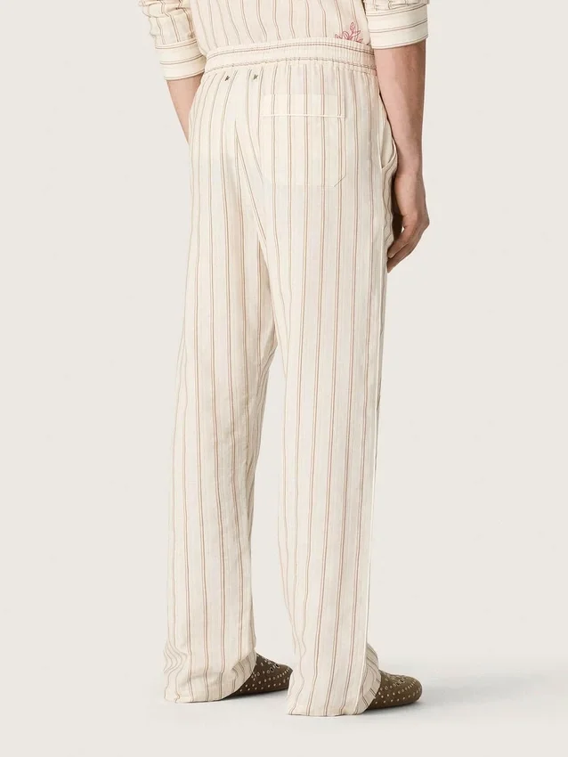 Pantalones de chándal unisex de algodón y lino a rayas en tonos crudo y arena