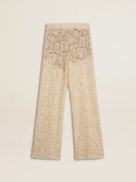 Pantalones de encaje transparente color crema para mujer