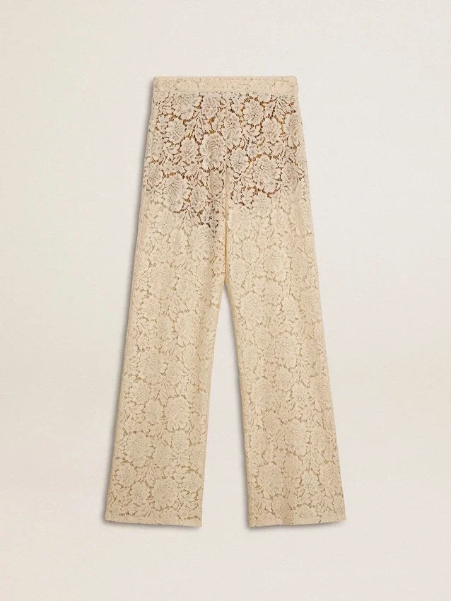Pantalones de encaje transparente color crema para mujer