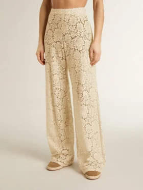 Pantalones de encaje transparente color crema para mujer