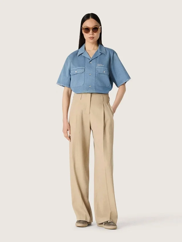 Pantalones de gabardina de lana para mujer en color arena