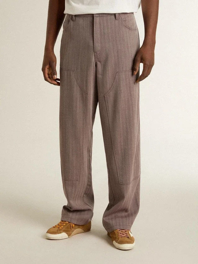 Pantalones de hombre de mezcla de lana con microdiseño de chevrón en color marrón claro