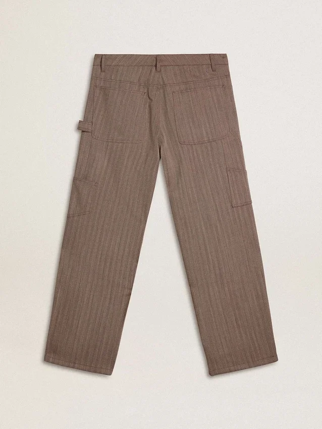 Pantalones de hombre de mezcla de lana con microdiseño de chevrón en color marrón claro