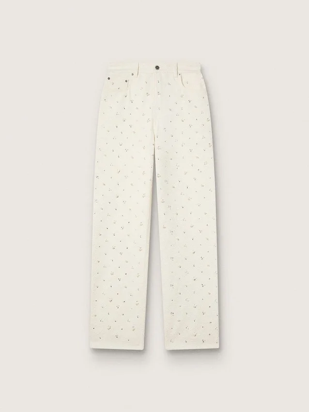 Pantalones de mezclilla blancos para mujer con abalorios y cristales