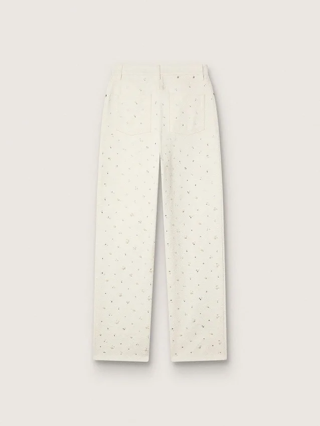 Pantalones de mezclilla blancos para mujer con abalorios y cristales