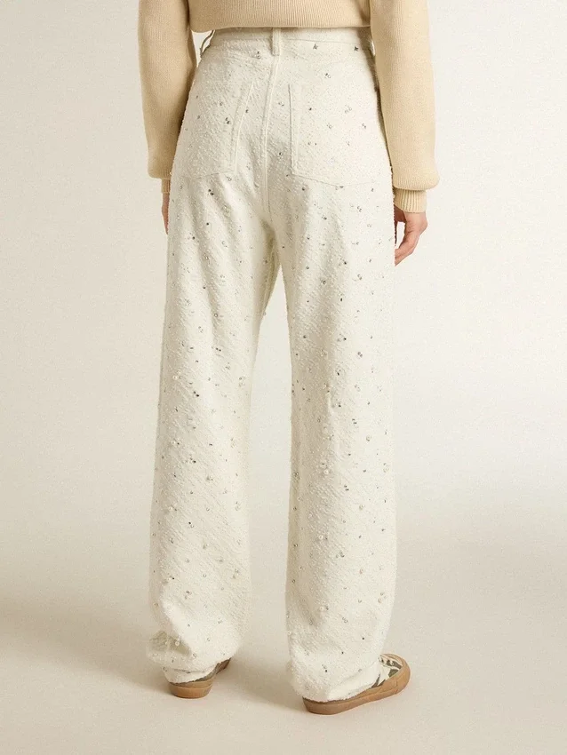 Pantalones de mezclilla blancos para mujer con abalorios y cristales