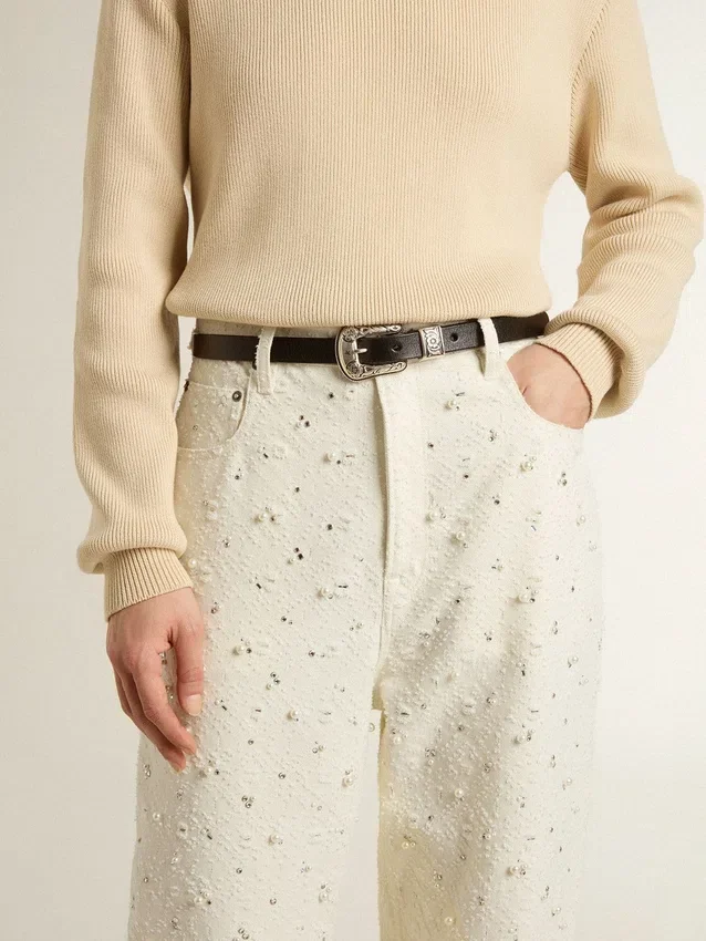 Pantalones de mezclilla blancos para mujer con abalorios y cristales