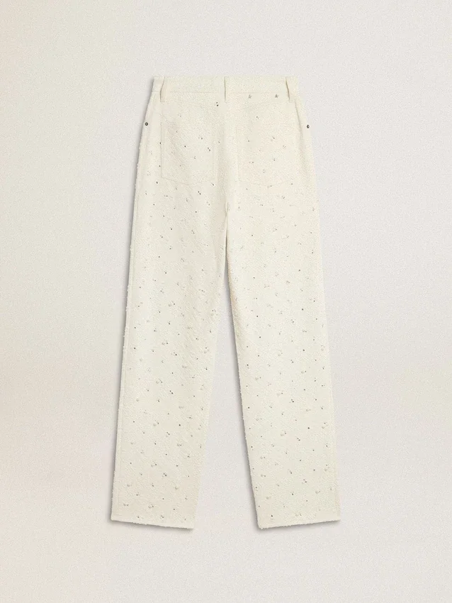 Pantalones de mezclilla blancos para mujer con abalorios y cristales