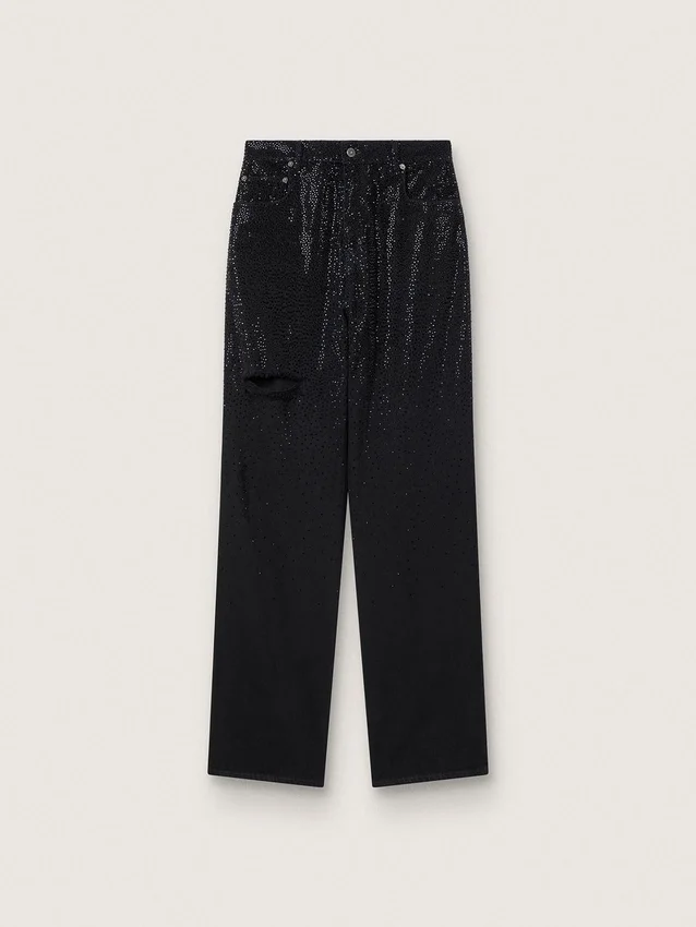 Pantalones de mezclilla de algodón para mujer con adornos de cristales con efecto sombreado