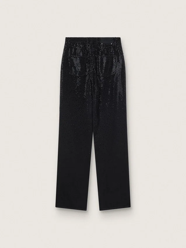 Pantalones de mezclilla de algodón para mujer con adornos de cristales con efecto sombreado