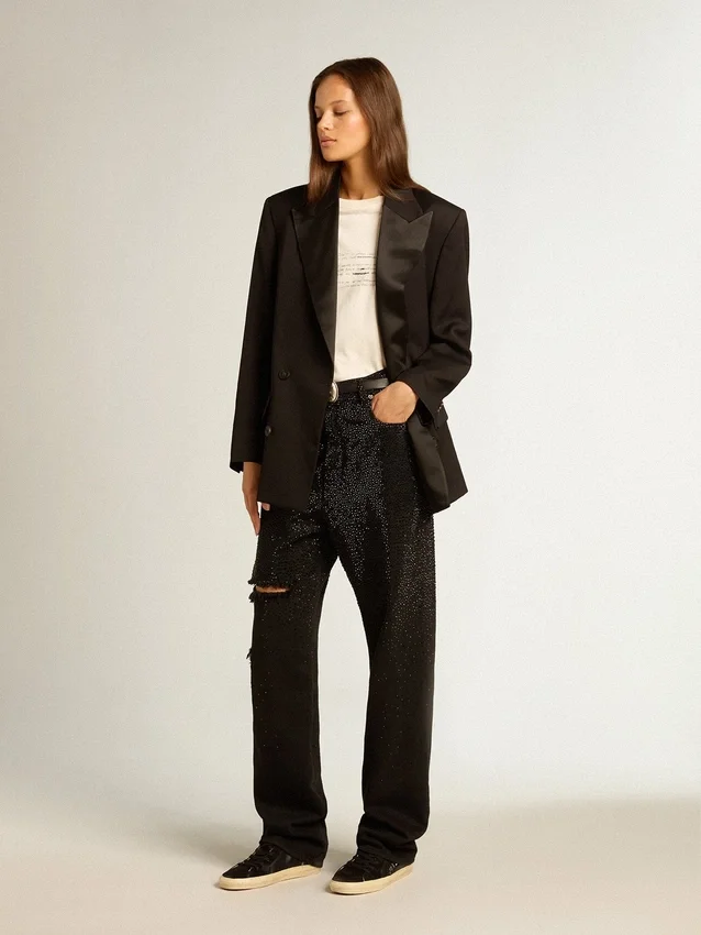 Pantalones de mezclilla de algodón para mujer con adornos de cristales con efecto sombreado