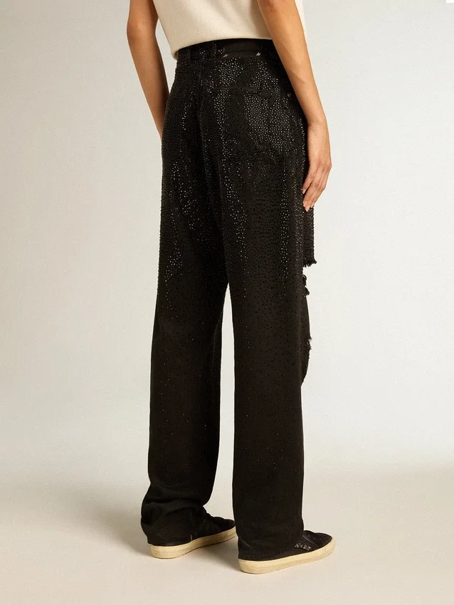 Pantalones de mezclilla de algodón para mujer con adornos de cristales con efecto sombreado