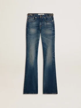 Pantalones de mezclilla de corte acampanado para mujer con lavado vintage y detalles metálicos