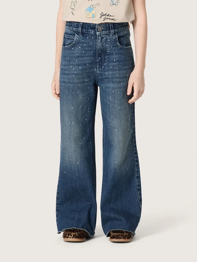 Pantalones de mezclilla de corte acampanado para niñas de la colección Journey en mezclilla azul con pedrería degradada