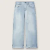 Pantalones de mezclilla de corte acampanado para niñas Golden en denim azul claro con un logotipo bordado