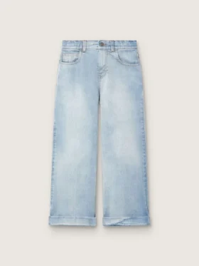 Pantalones de mezclilla de corte acampanado para niñas Golden en denim azul claro con un logotipo bordado