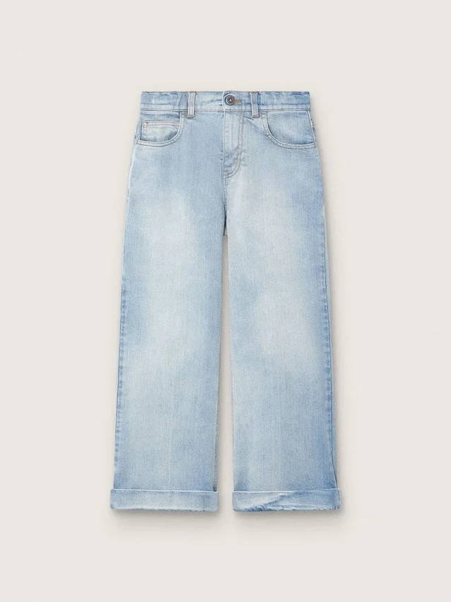 Pantalones de mezclilla de corte acampanado para niñas Golden en denim azul claro con un logotipo bordado
