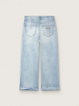 Pantalones de mezclilla de corte acampanado para niñas Golden en denim azul claro con un logotipo bordado