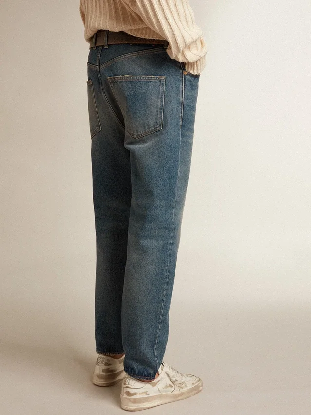 Pantalones de mezclilla de corte ajustado para hombre con lavado medio