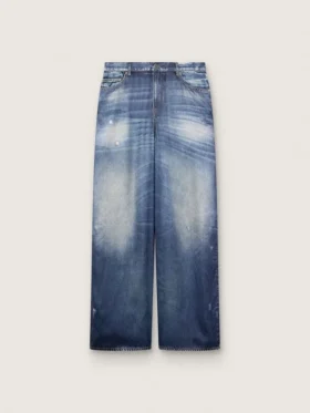 Pantalones de mezclilla estilo boyfriend para mujer en azul denim con estampado de archivo