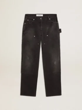 Pantalones de mezclilla negros desgastados para mujer con parches en la parte delantera