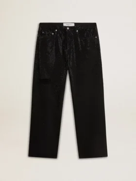 Pantalones de mezclilla negros para hombre con corte holgado y efecto degradado con cristales por toda la prenda
