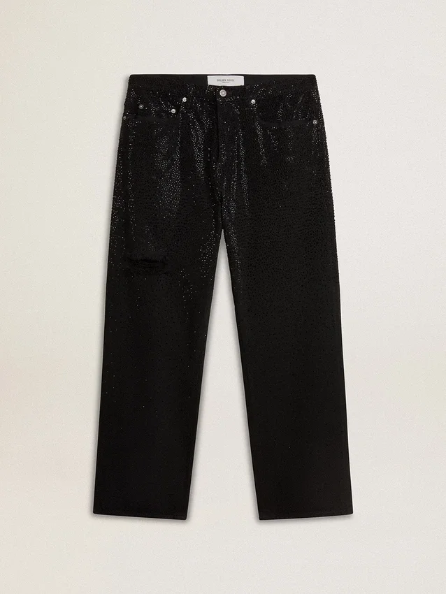 Pantalones de mezclilla negros para hombre con corte holgado y efecto degradado con cristales por toda la prenda