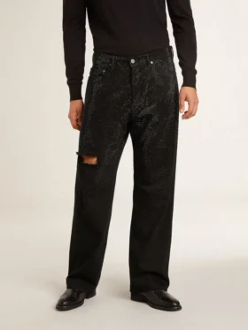 Pantalones de mezclilla negros para hombre con corte holgado y efecto degradado con cristales por toda la prenda
