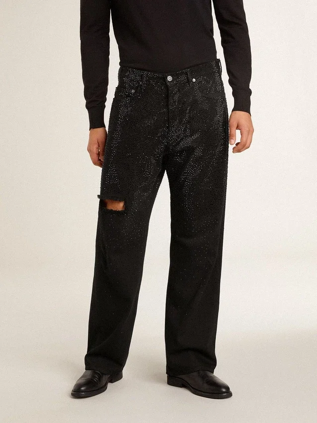 Pantalones de mezclilla negros para hombre con corte holgado y efecto degradado con cristales por toda la prenda