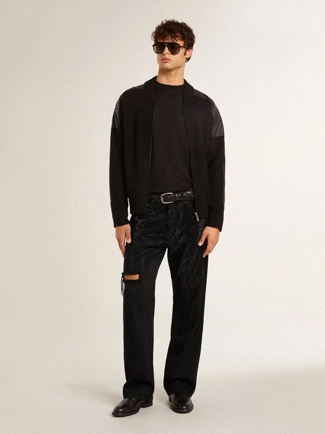 Pantalones de mezclilla negros para hombre con corte holgado y efecto degradado con cristales por toda la prenda