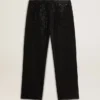 Pantalones de mezclilla negros para hombre con corte holgado y efecto degradado con cristales por toda la prenda